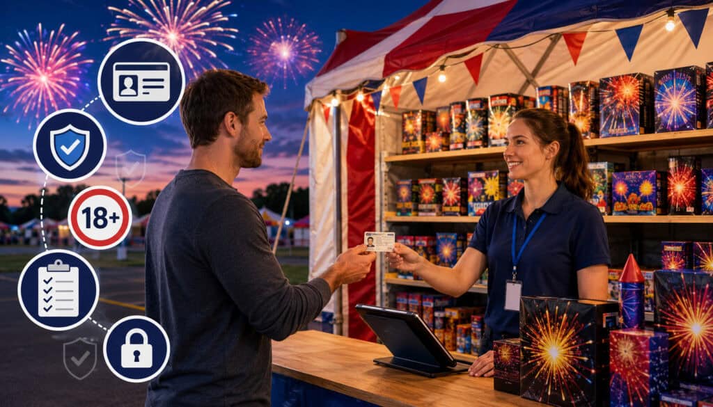 Fireworks tent employee checking customer ID for age verification