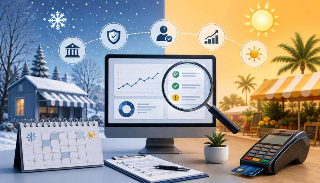 Seasonal merchant account dormancy review and underwriting illustration