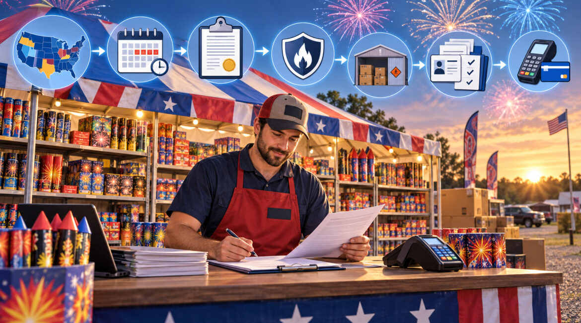Fireworks retailer reviewing permits, safety requirements, and underwriting documents