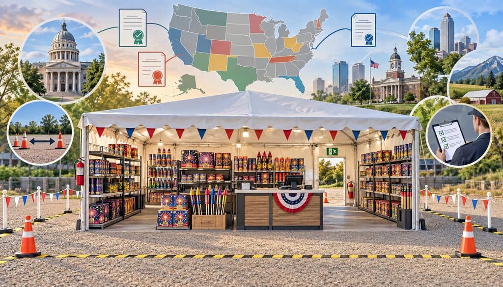 Fireworks retail stand illustrating NFPA 1124 safety requirements and local rule differences