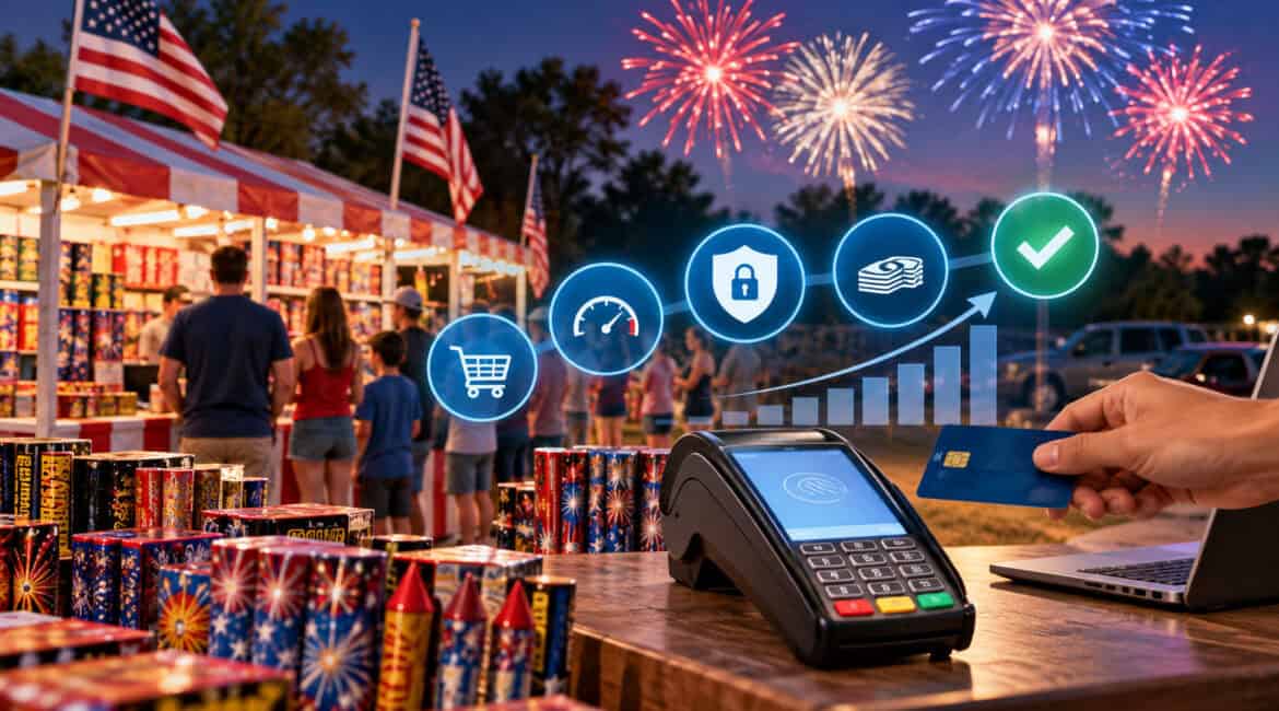 Fireworks retailer processing July 4th card payments during peak sales