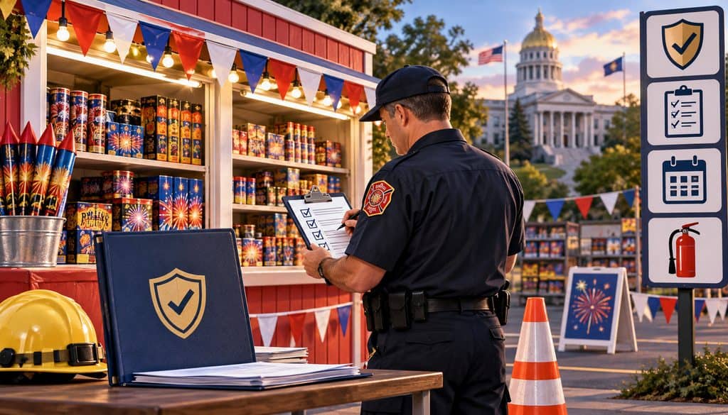 State fire marshal inspecting a retail fireworks stand for permit and safety compliance